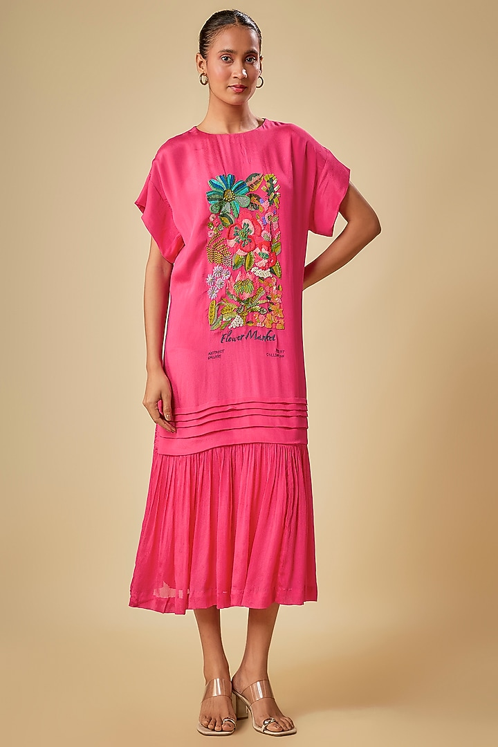 Pink Crepe Chiffon Hand Embroidered Midi Vacation Dress by Half Full Curve at Pernia's Pop Up Shop