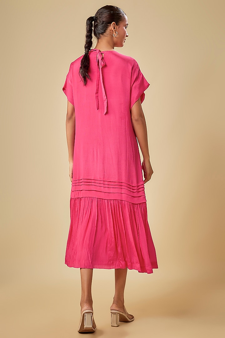 Pink Crepe Chiffon Hand Embroidered Midi Vacation Dress by Half Full Curve at Pernia's Pop Up Shop