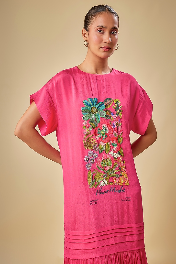 Pink Crepe Chiffon Hand Embroidered Midi Vacation Dress by Half Full Curve at Pernia's Pop Up Shop
