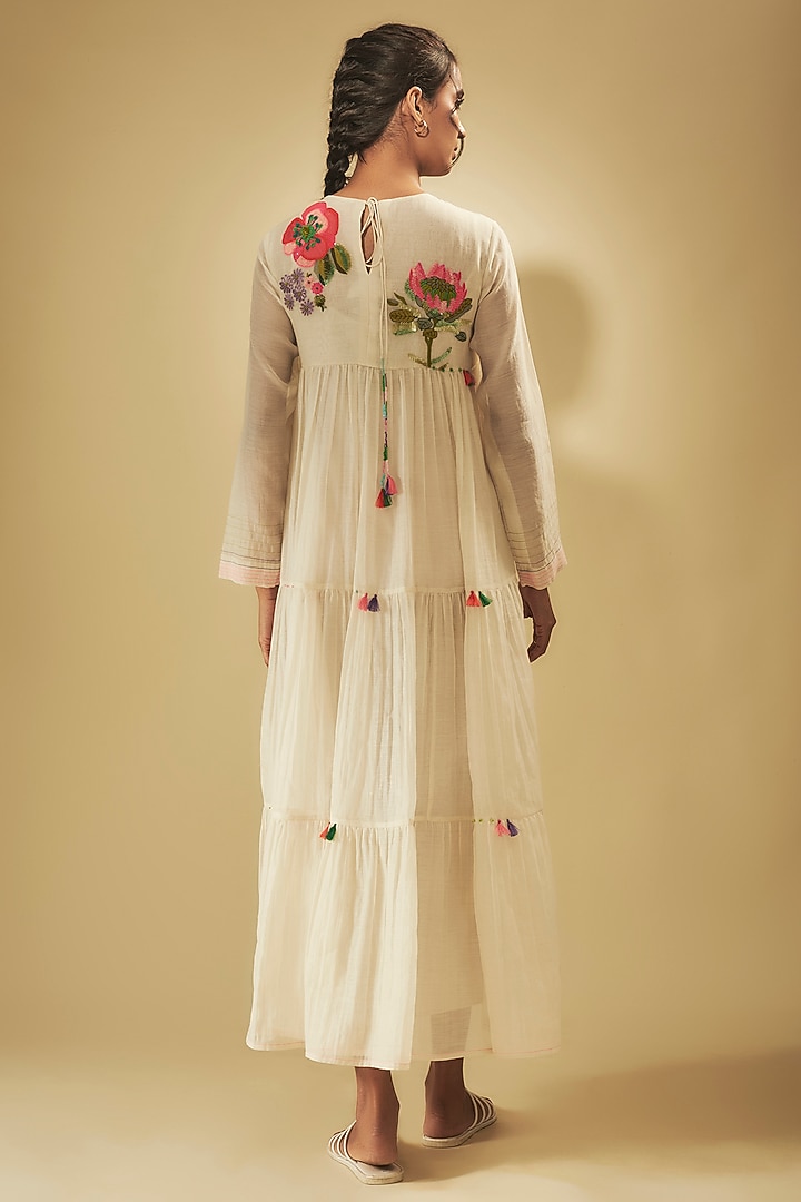 Ivory Fine Chanderi Floral Hand Embroidered Tiered Vacation Dress by Half Full Curve at Pernia's Pop Up Shop
