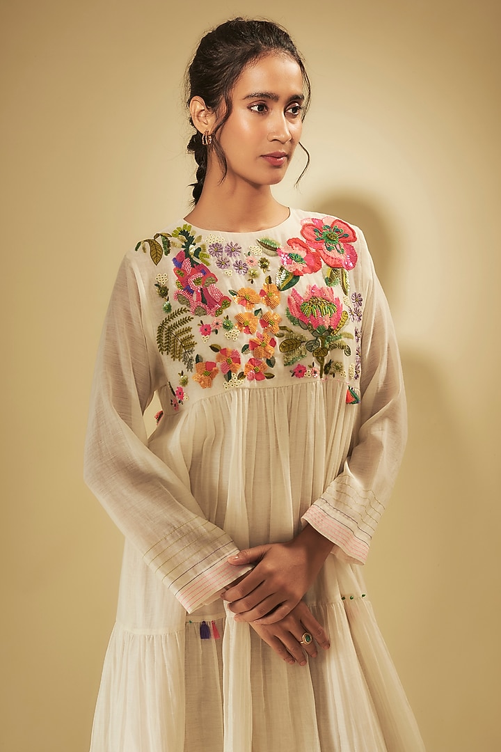 Ivory Fine Chanderi Floral Hand Embroidered Tiered Vacation Dress by Half Full Curve at Pernia's Pop Up Shop