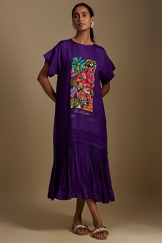 Purple Crepe Chiffon Floral Hand Embroidered Tiered Dress by Half Full Curve