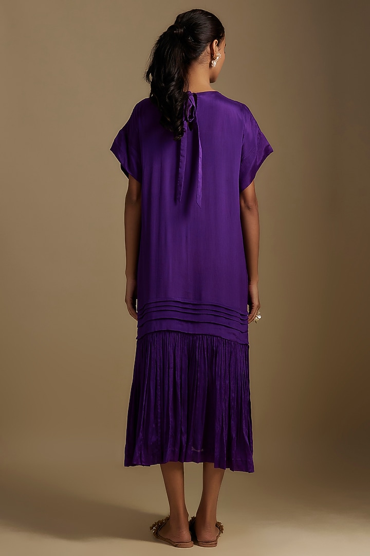 Purple Crepe Chiffon Floral Hand Embroidered Tiered Vacation Dress by Half Full Curve at Pernia's Pop Up Shop