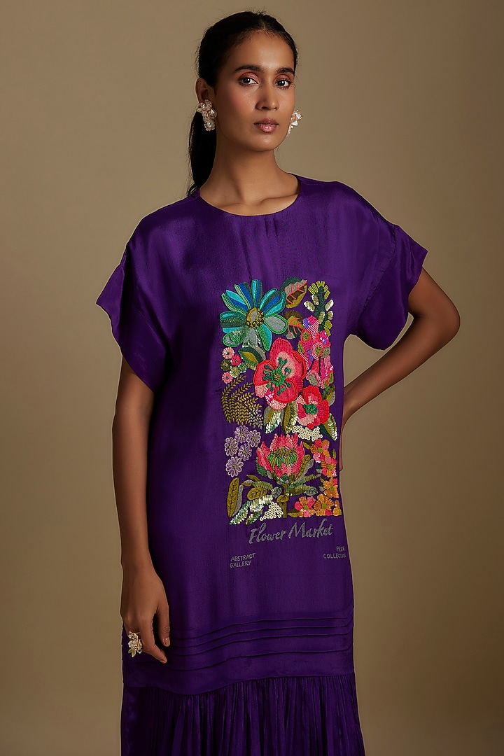 Purple Crepe Chiffon Floral Hand Embroidered Tiered Vacation Dress by Half Full Curve at Pernia's Pop Up Shop