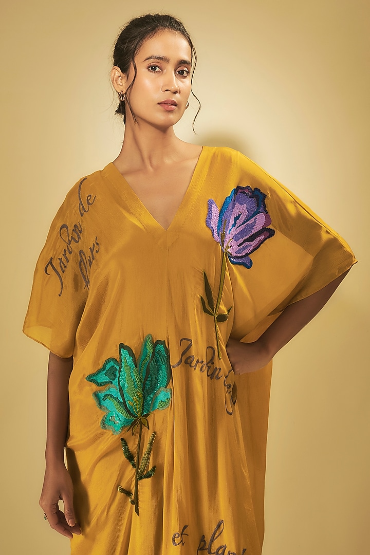 Yellow Crepe Chiffon Floral Hand Embroidered Kaftan With Inner by Half Full Curve at Pernia's Pop Up Shop