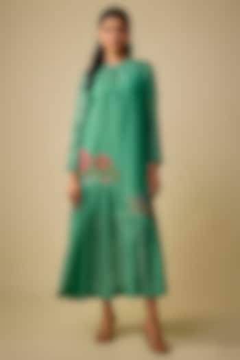 Blue Fine Chanderi Hand Embroidered Vacation Dress With Inner by Half Full Curve at Pernia's Pop Up Shop