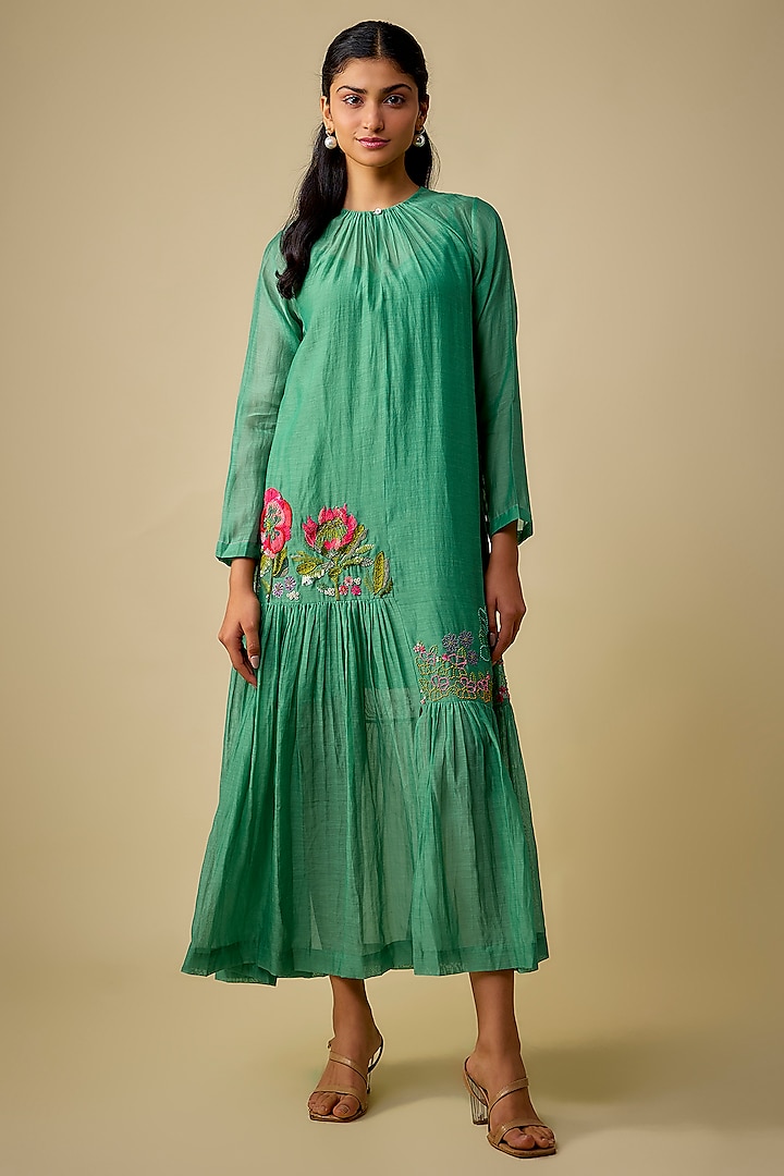 Blue Fine Chanderi Hand Embroidered Vacation Dress With Inner by Half Full Curve at Pernia's Pop Up Shop