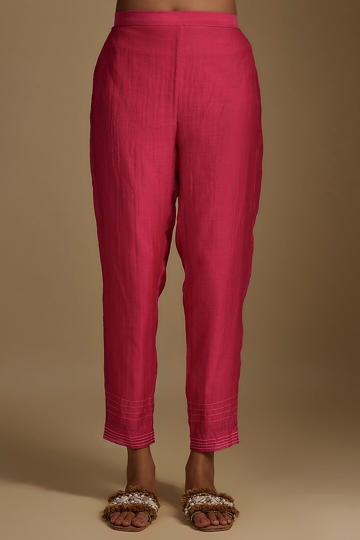 Pink Fine Chanderi Floral Hand Embroidered Kurta Set by Half Full Curve at Pernia's Pop Up Shop