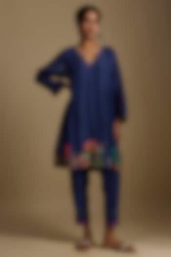 Blue Fine Chanderi Floral Hand Embroidered Kurta Set by Half Full Curve at Pernia's Pop Up Shop