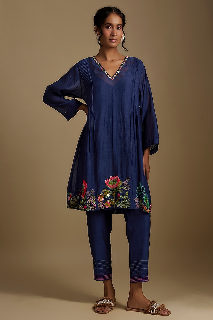 Blue Fine Chanderi Floral Hand Embroidered Kurta Set by Half Full Curve at Pernia's Pop Up Shop