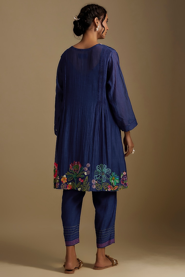 Blue Fine Chanderi Floral Hand Embroidered Kurta Set by Half Full Curve at Pernia's Pop Up Shop