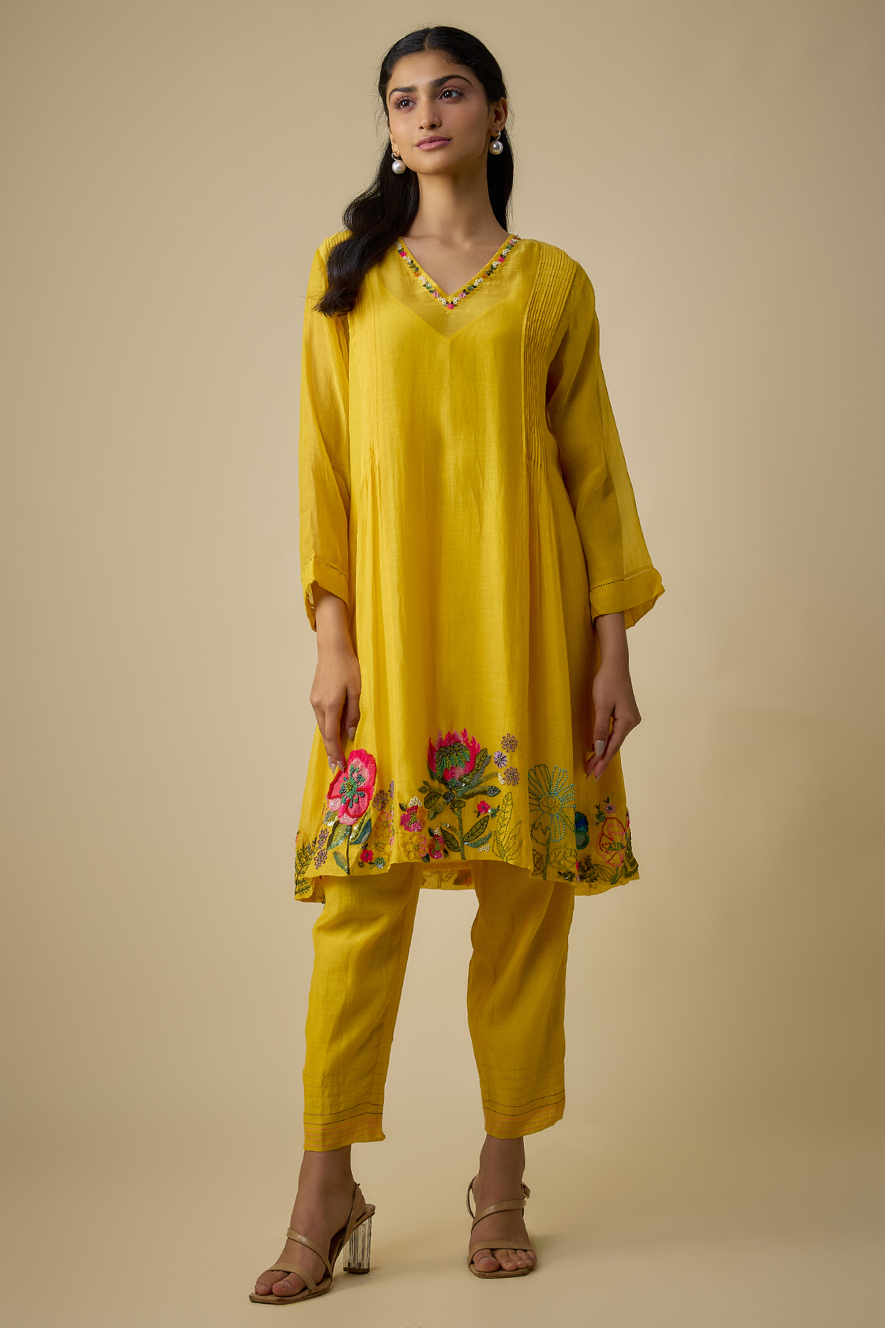 Yellow Fine Chanderi Hand Embroidered Kurta Set by Half Full Curve at Pernia's Pop Up Shop