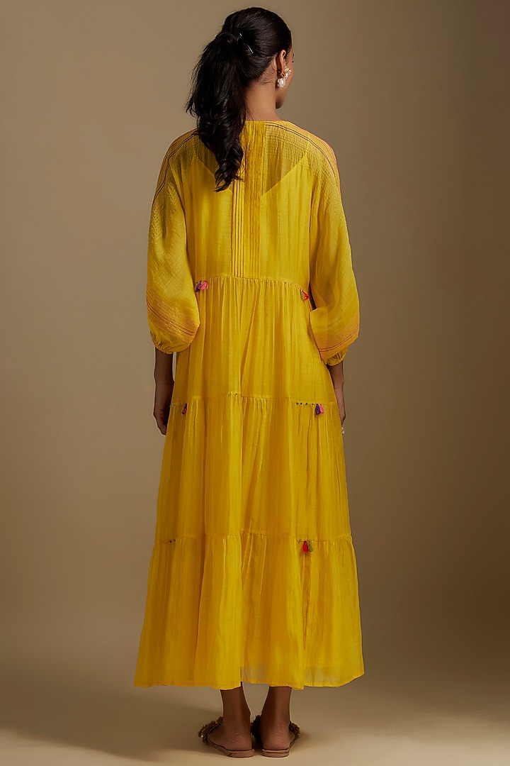 Yellow Fine Chanderi Floral Hand Embroidered Gathered Vacation Dress by Half Full Curve at Pernia's Pop Up Shop