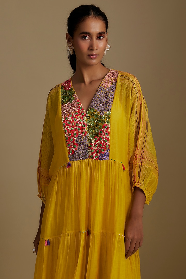 Yellow Fine Chanderi Floral Hand Embroidered Gathered Vacation Dress by Half Full Curve at Pernia's Pop Up Shop