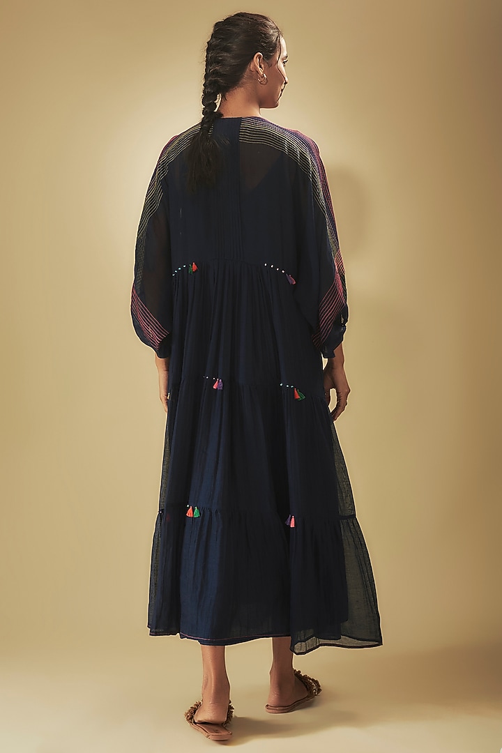Blue Fine Chanderi Floral Hand Embroidered Gathered Vacation Dress by Half Full Curve at Pernia's Pop Up Shop