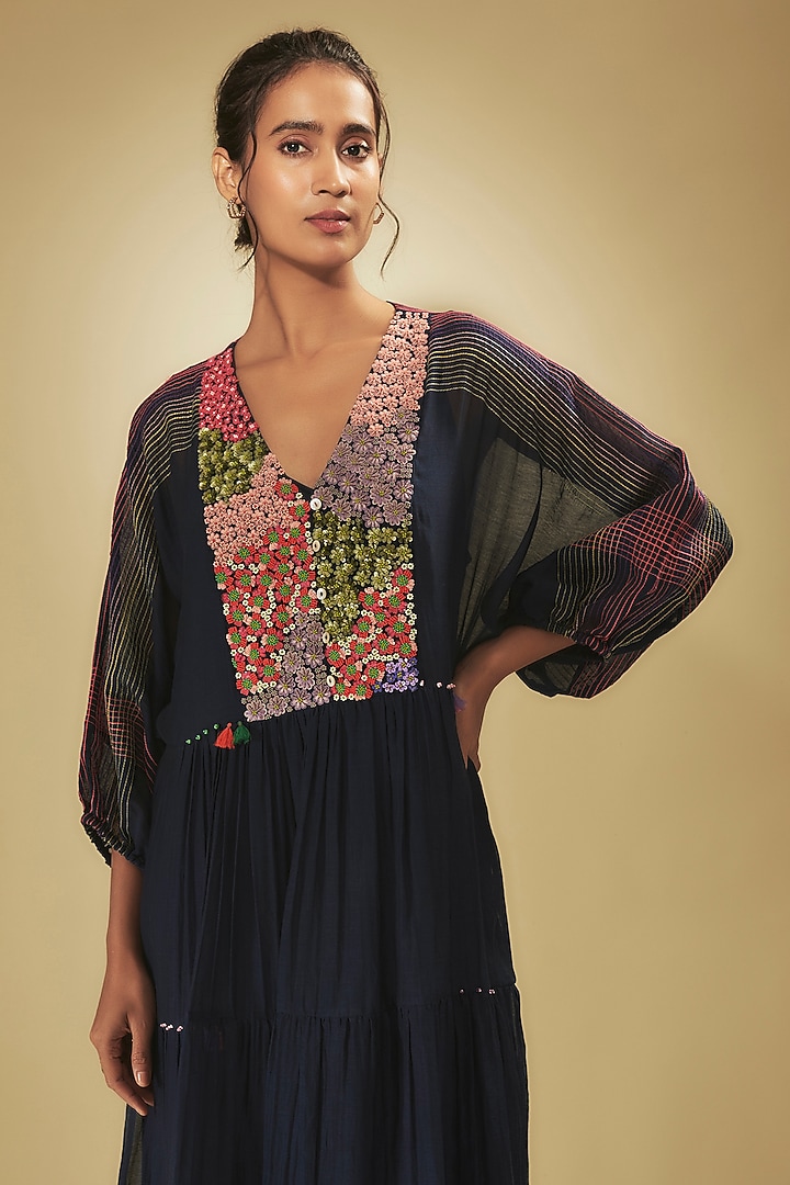 Blue Fine Chanderi Floral Hand Embroidered Gathered Vacation Dress by Half Full Curve at Pernia's Pop Up Shop