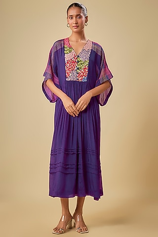 Purple Crepe Chiffon Hand Embroidered Midi Dress by Half Full Curve