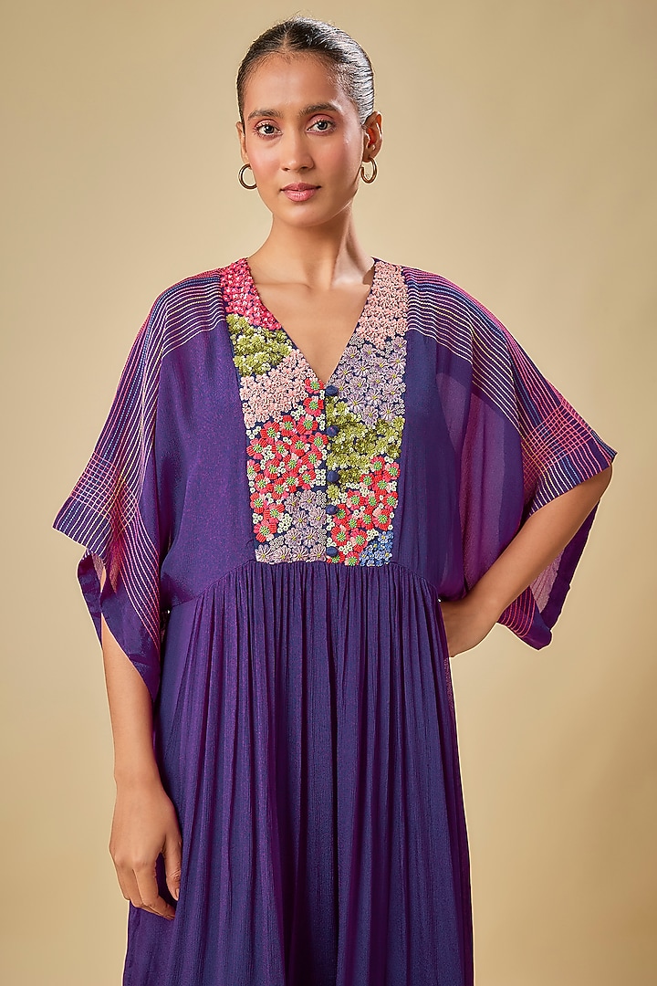 Purple Crepe Chiffon Hand Embroidered Midi Vacation Dress by Half Full Curve at Pernia's Pop Up Shop