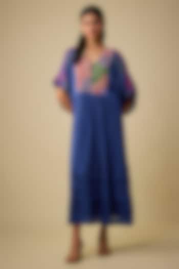 Blue Crepe Chiffon Floral Hand Embroidered Vacation Dress by Half Full Curve at Pernia's Pop Up Shop