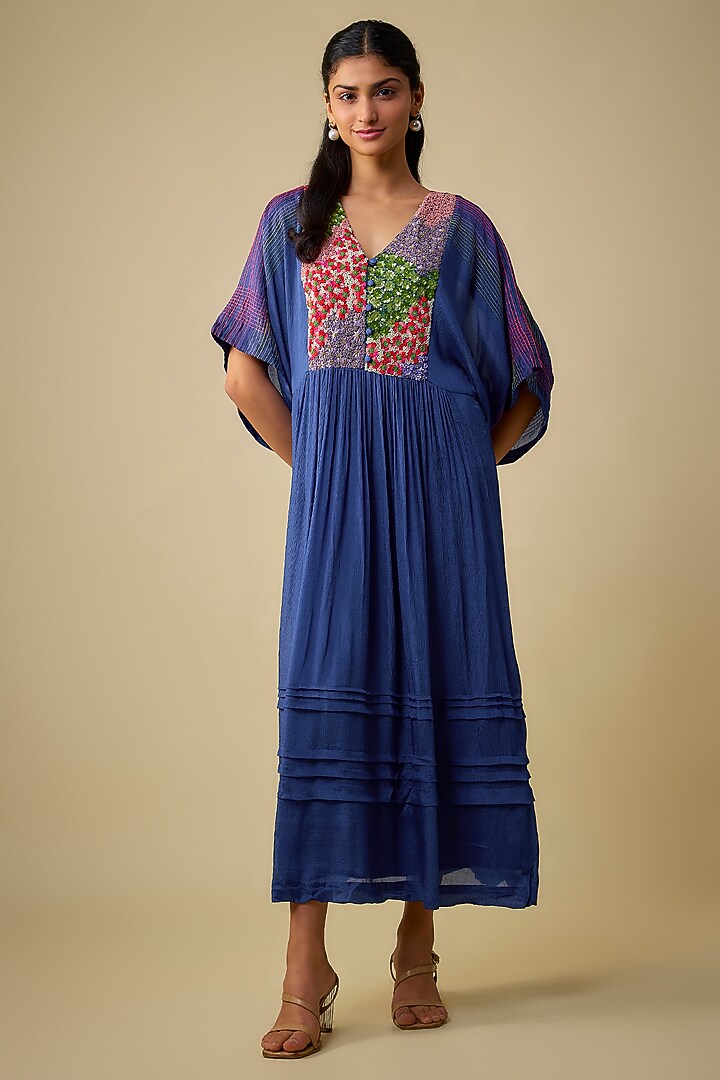 Blue Crepe Chiffon Floral Hand Embroidered Vacation Dress by Half Full Curve at Pernia's Pop Up Shop