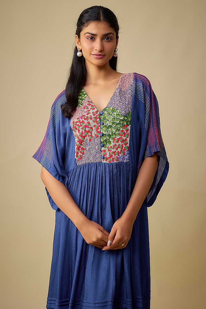 Blue Crepe Chiffon Floral Hand Embroidered Vacation Dress by Half Full Curve at Pernia's Pop Up Shop