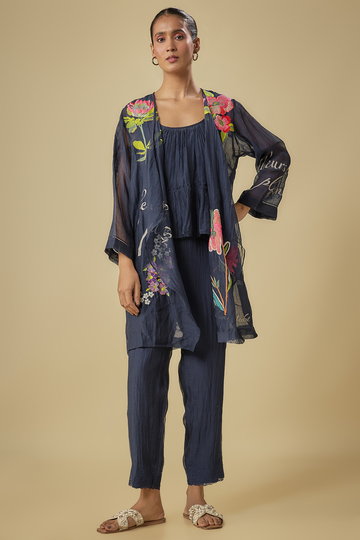 Blue Fine Chanderi Hand Embroidered Co-Ord Set by Half Full Curve at Pernia's Pop Up Shop