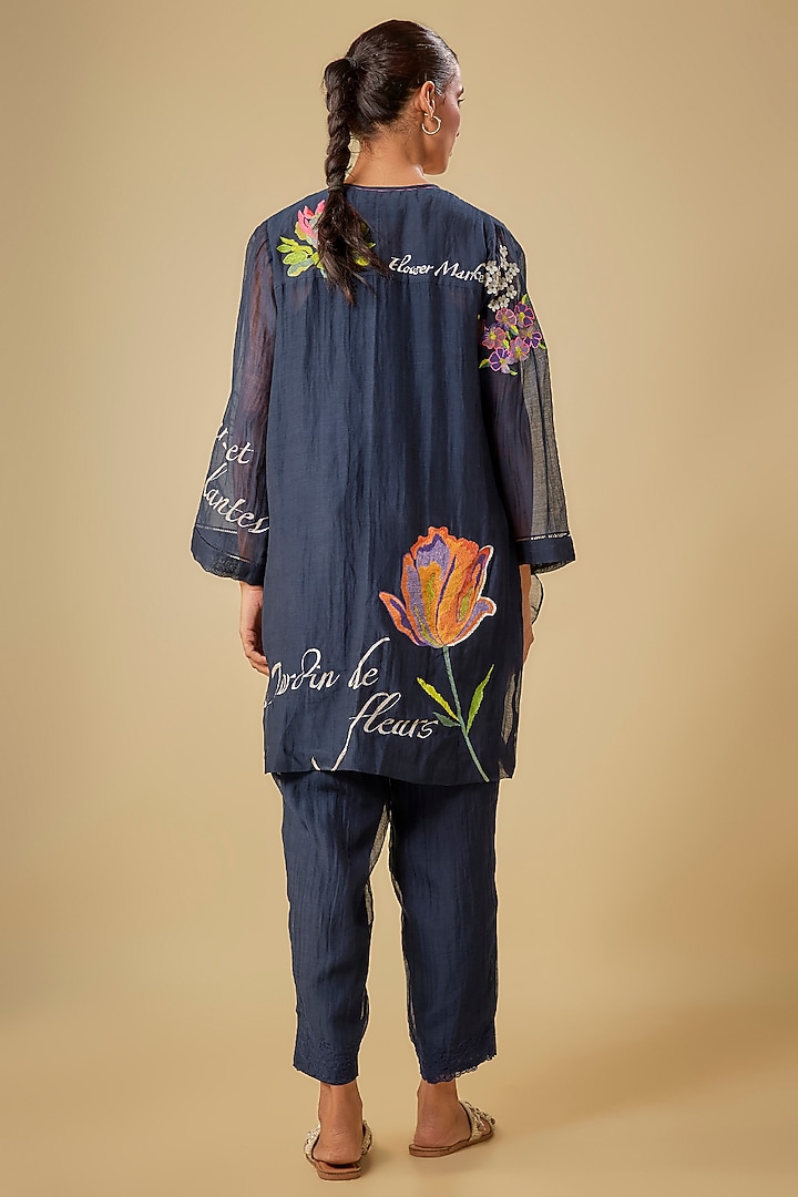 Blue Fine Chanderi Hand Embroidered Co-Ord Set by Half Full Curve at Pernia's Pop Up Shop