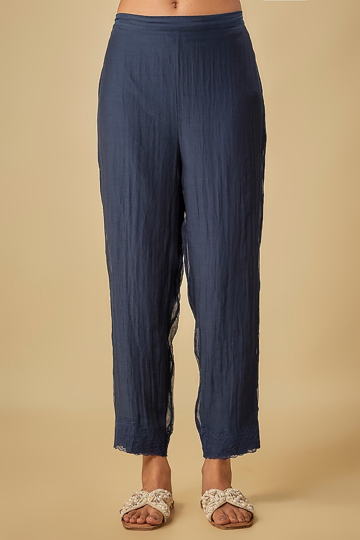Blue Fine Chanderi Hand Embroidered Co-Ord Set by Half Full Curve at Pernia's Pop Up Shop