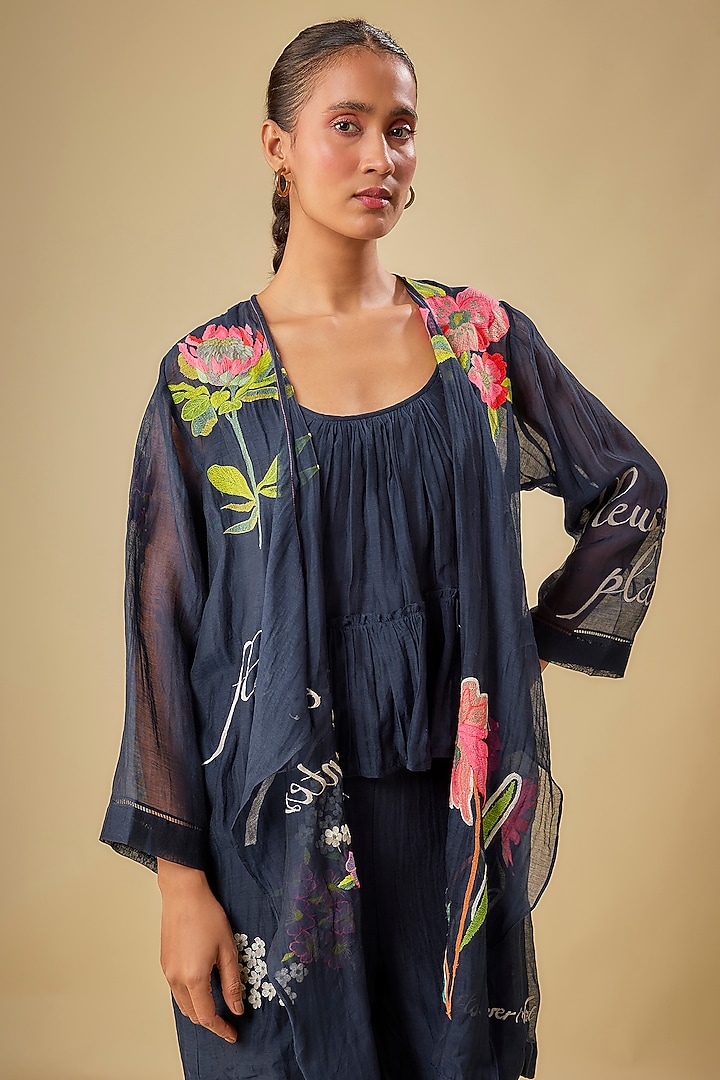 Blue Fine Chanderi Hand Embroidered Co-Ord Set by Half Full Curve at Pernia's Pop Up Shop