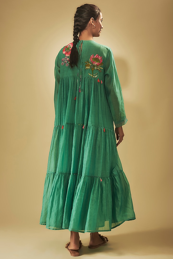 Blue Fine Chanderi Floral Hand Embroidered Tiered Vacation Dress by Half Full Curve at Pernia's Pop Up Shop