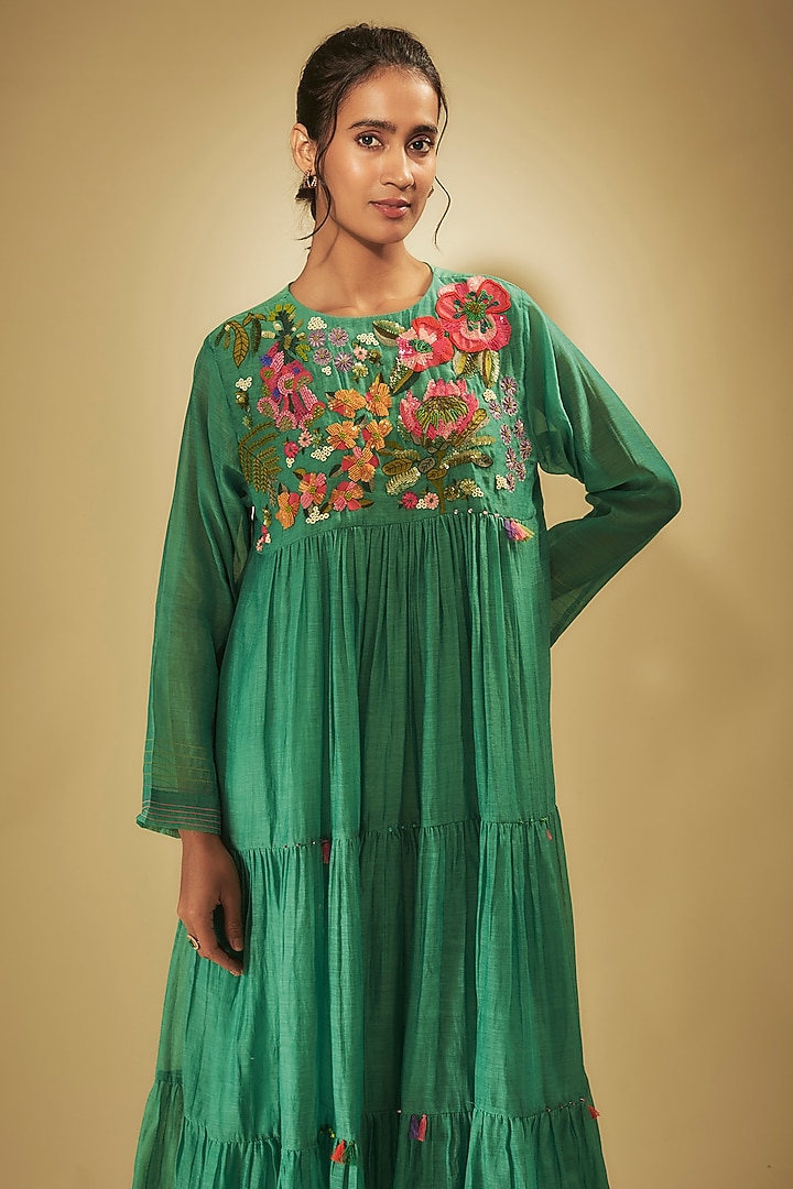 Blue Fine Chanderi Floral Hand Embroidered Tiered Vacation Dress by Half Full Curve at Pernia's Pop Up Shop