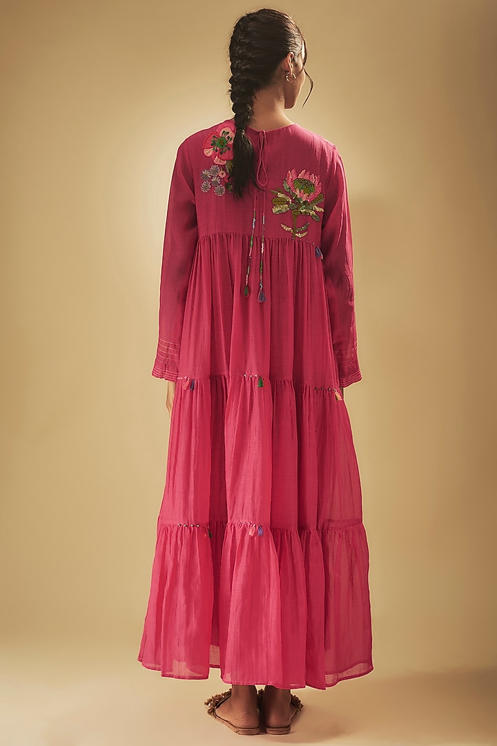Pink Fine Chanderi Floral Hand Embroidered Tiered Vacation Dress by Half Full Curve at Pernia's Pop Up Shop