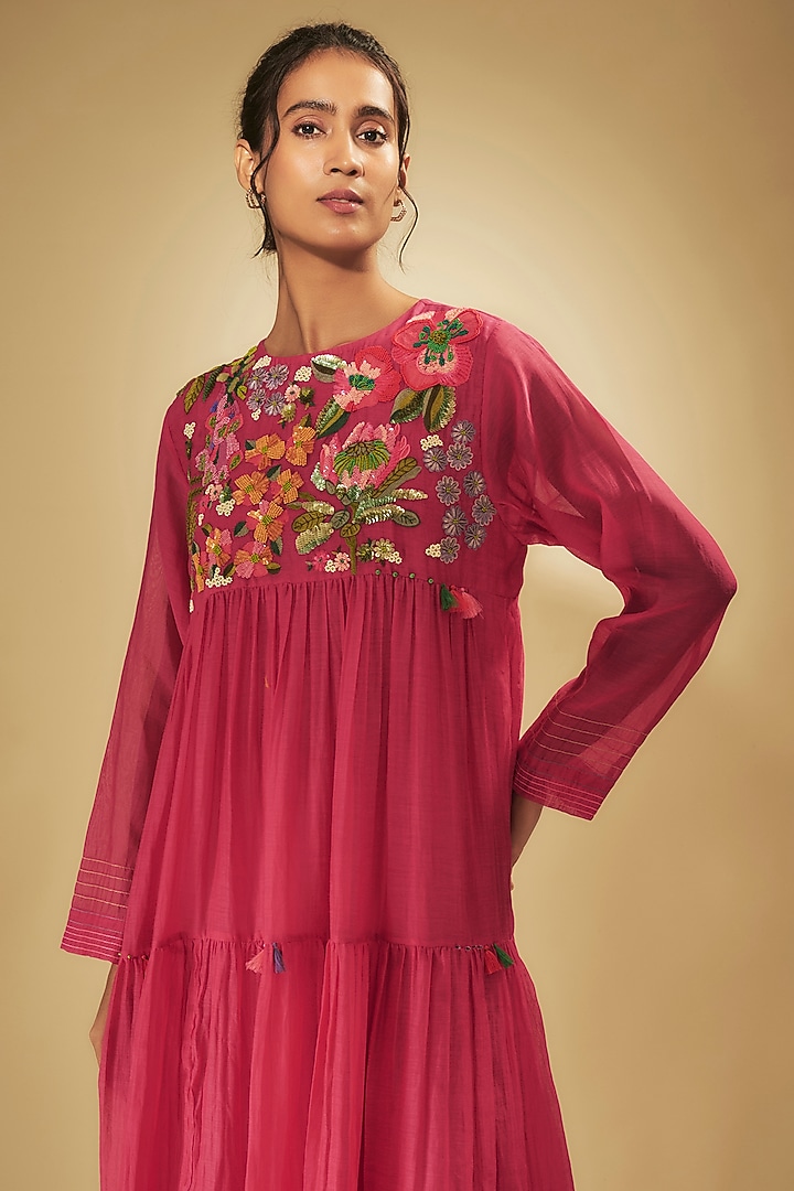 Pink Fine Chanderi Floral Hand Embroidered Tiered Vacation Dress by Half Full Curve at Pernia's Pop Up Shop