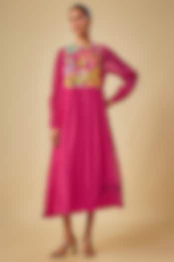 Pink Fine Chanderi Hand Embroidered Midi Vacation Dress by Half Full Curve at Pernia's Pop Up Shop
