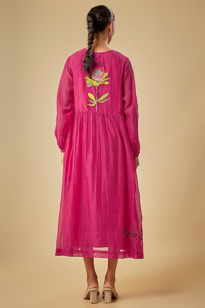 Pink Fine Chanderi Hand Embroidered Midi Vacation Dress by Half Full Curve at Pernia's Pop Up Shop