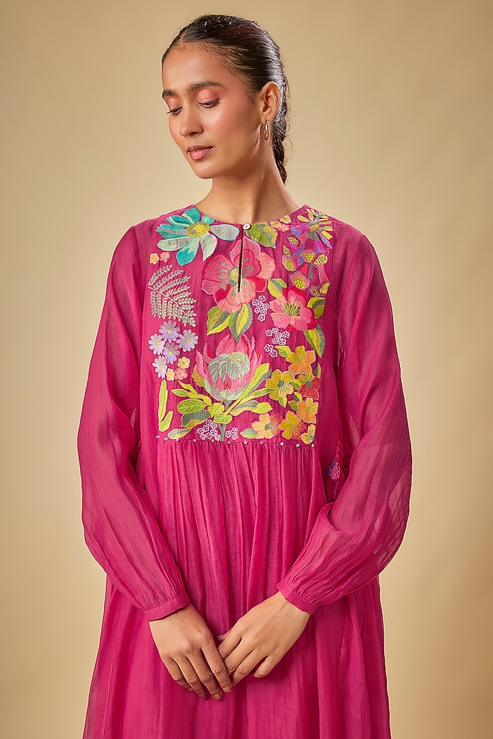 Pink Fine Chanderi Hand Embroidered Midi Vacation Dress by Half Full Curve at Pernia's Pop Up Shop