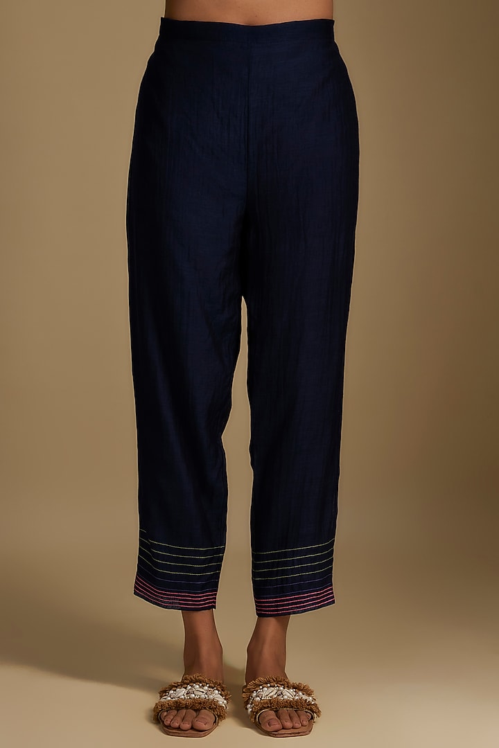Blue Fine Chanderi Floral Hand Embroidered V-Neck Kurta Set by Half Full Curve at Pernia's Pop Up Shop