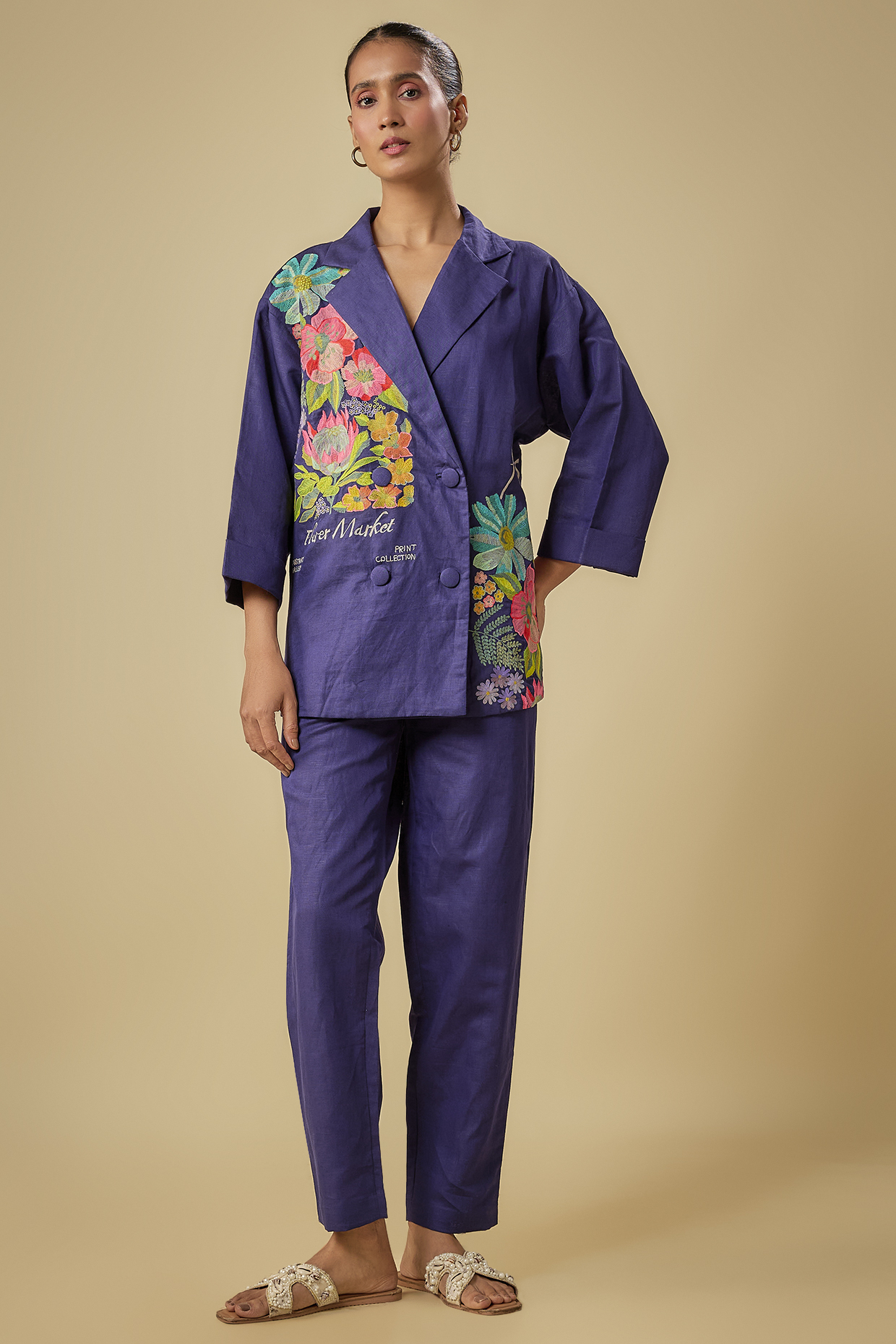 Blue Pure Linen Hand & Machine Embroidered Blazer Set by Half Full Curve at Pernia's Pop Up Shop