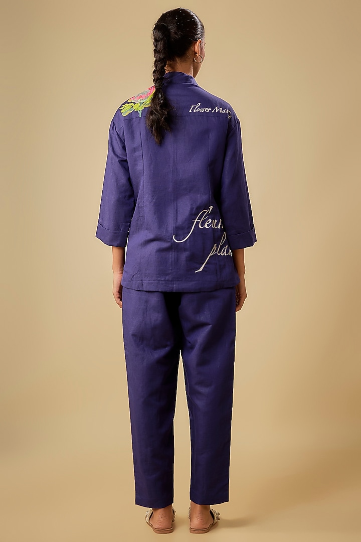 Blue Pure Linen Hand & Machine Embroidered Blazer Set by Half Full Curve at Pernia's Pop Up Shop