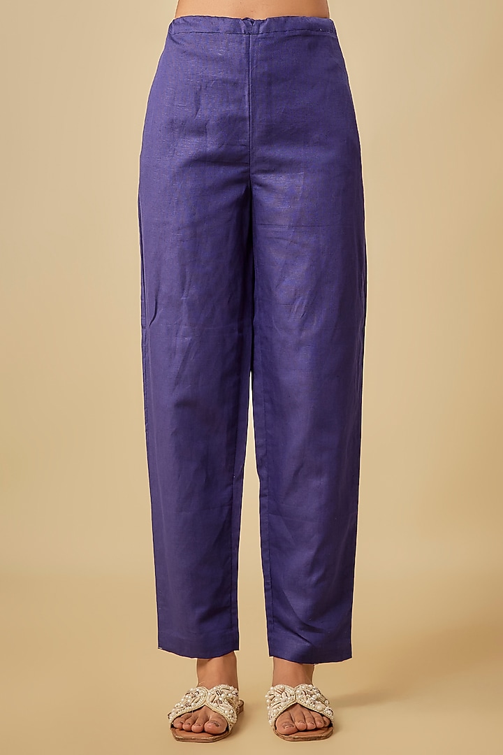 Blue Pure Linen Hand & Machine Embroidered Blazer Set by Half Full Curve at Pernia's Pop Up Shop