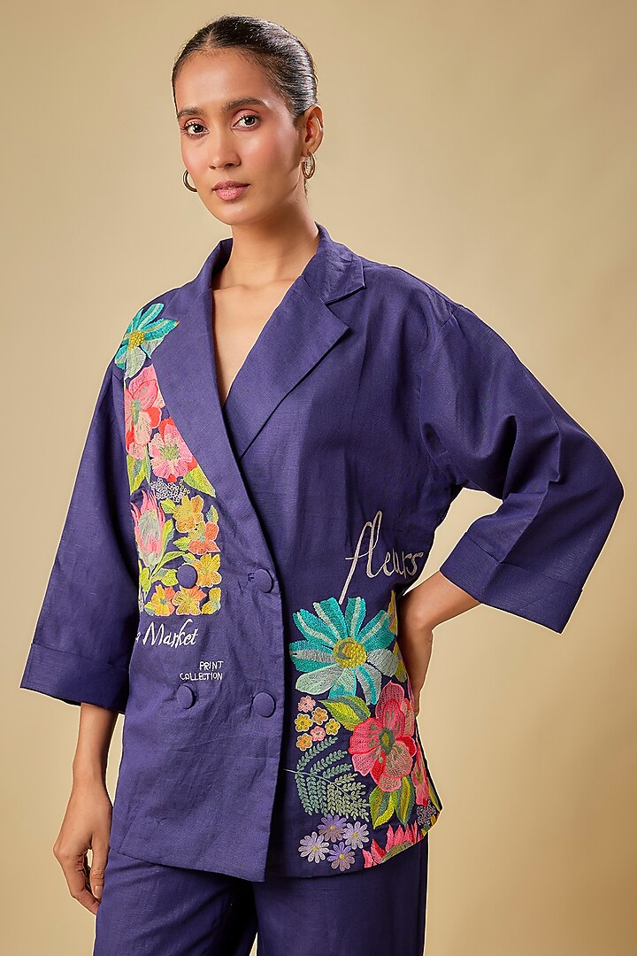 Blue Pure Linen Hand & Machine Embroidered Blazer Set by Half Full Curve at Pernia's Pop Up Shop