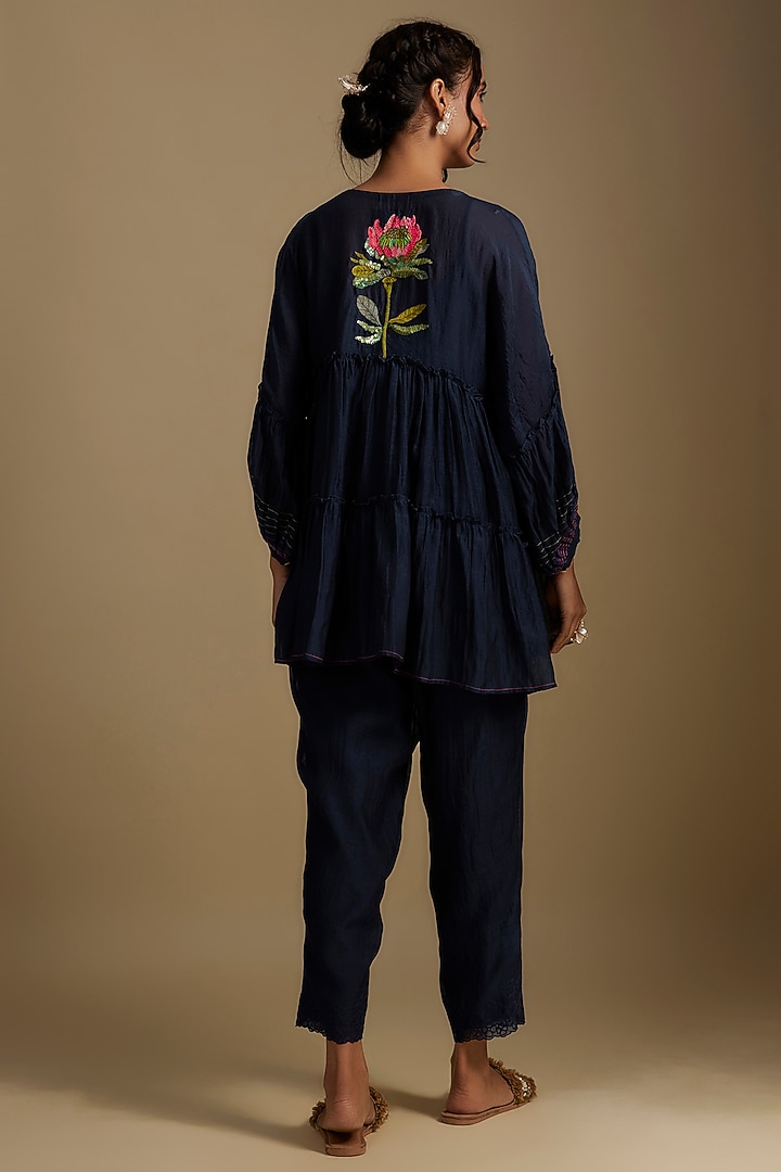 Blue Fine Chanderi Floral Hand Embroidered Co-Ord Set by Half Full Curve at Pernia's Pop Up Shop