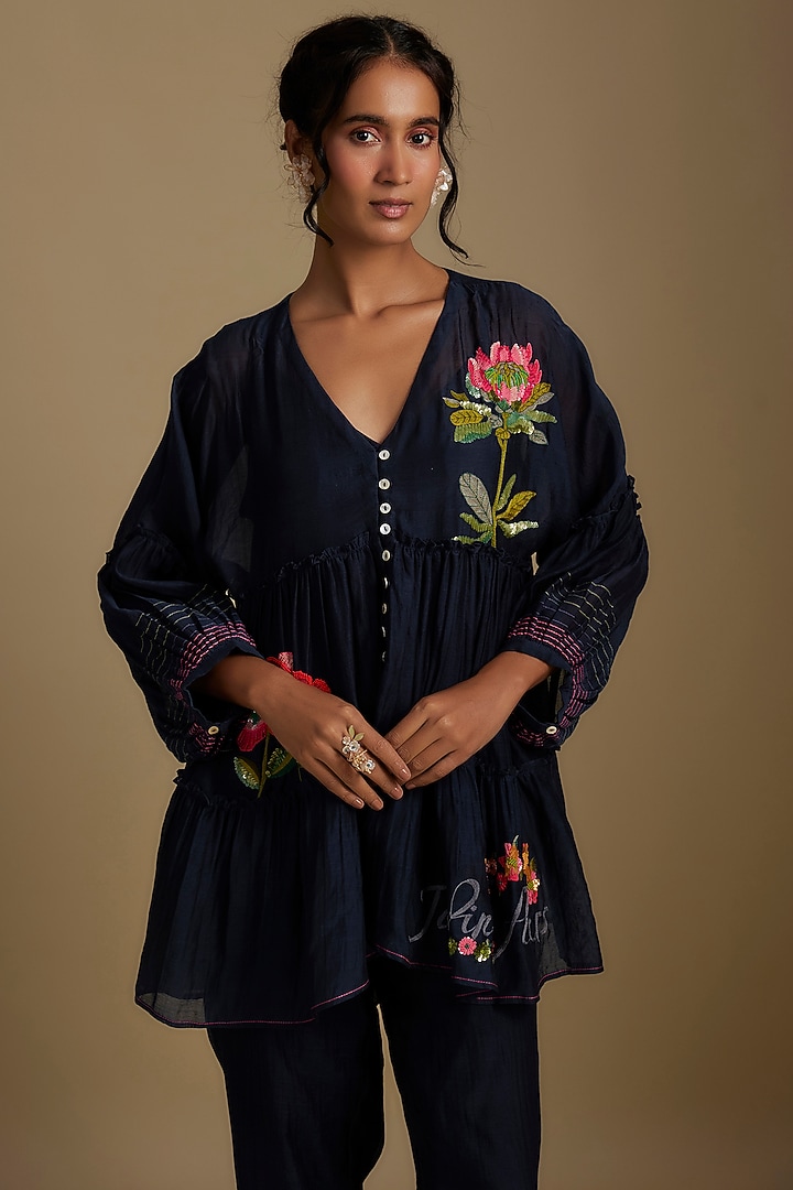Blue Fine Chanderi Floral Hand Embroidered Co-Ord Set by Half Full Curve at Pernia's Pop Up Shop