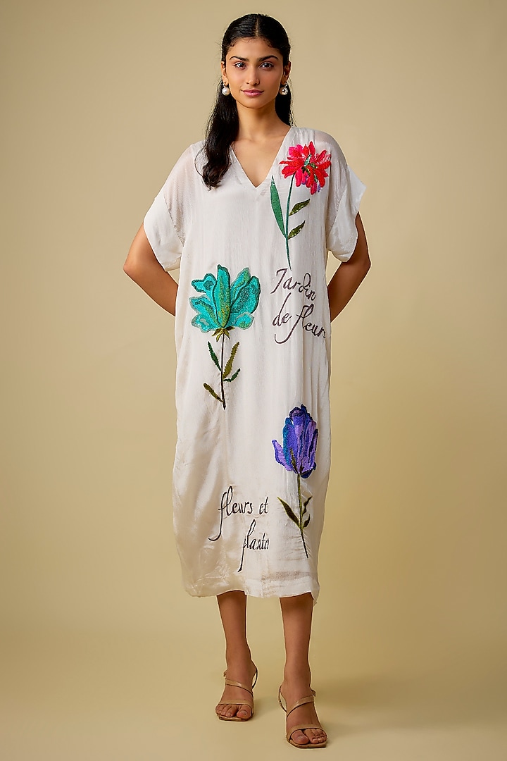 Ivory Crepe Chiffon Floral Embroidered Midi Vacation Dress by Half Full Curve at Pernia's Pop Up Shop