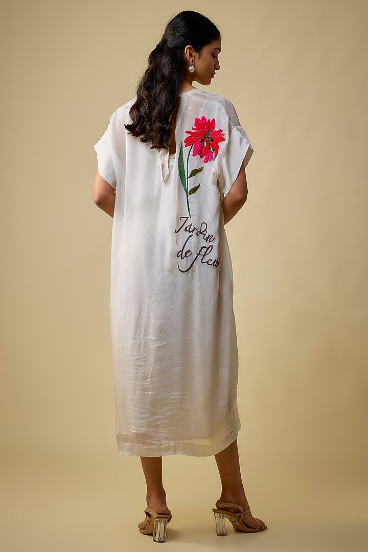 Ivory Crepe Chiffon Floral Embroidered Midi Vacation Dress by Half Full Curve at Pernia's Pop Up Shop