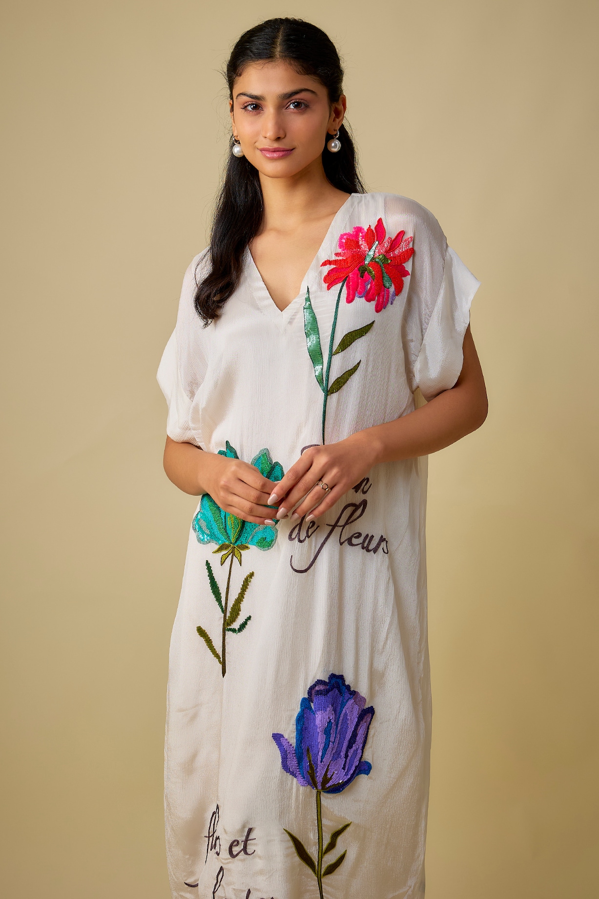 Ivory Crepe Chiffon Floral Embroidered Midi Vacation Dress by Half