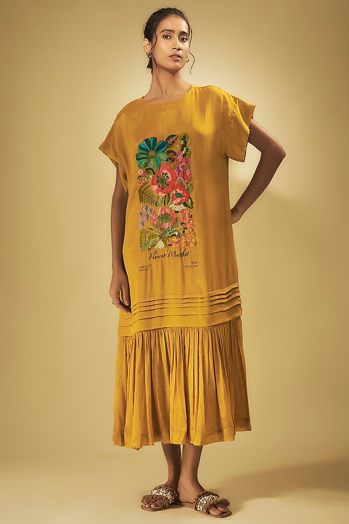 Yellow Crepe Chiffon Floral Hand Embroidered Midi Dress by Half Full Curve at Pernia's Pop Up Shop