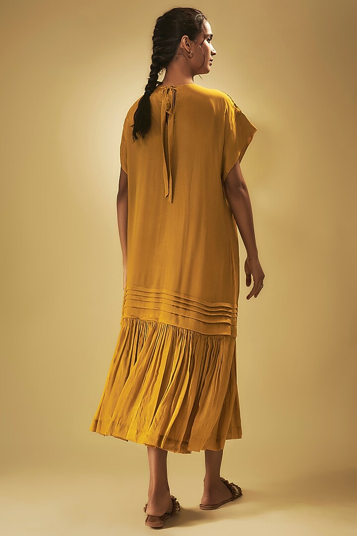 Yellow Crepe Chiffon Floral Hand Embroidered Midi Vacation Dress by Half Full Curve at Pernia's Pop Up Shop