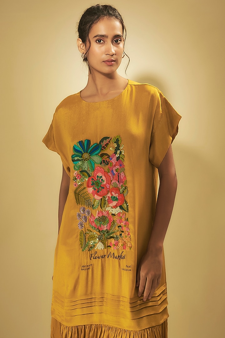 Yellow Crepe Chiffon Floral Hand Embroidered Midi Vacation Dress by Half Full Curve at Pernia's Pop Up Shop