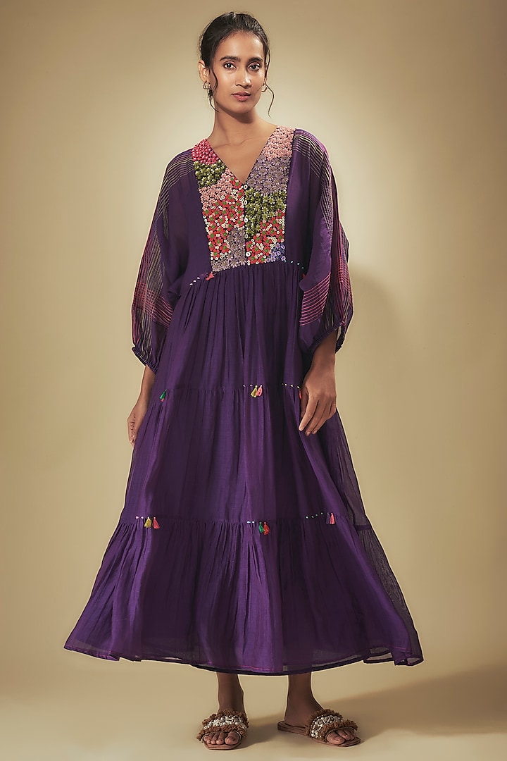 Purple Fine Chanderi Floral Hand Embroidered Gathered Dress by Half Full Curve at Pernia's Pop Up Shop